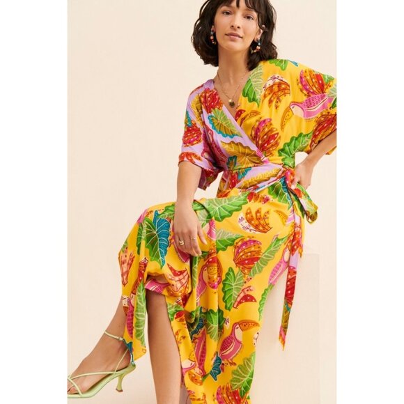 FARM RIO Beaks & Bananas Maxi WRAP Dress Size M NWOT BLACK - Picture 1 of 14